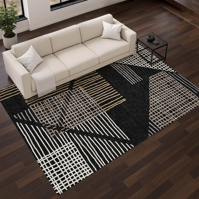Premium Machine Washable Mayfield AMF2270 Striped Rug, 10' x 14', Black