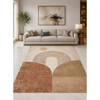 "Ultra Light Weight" Large 6'7" x 9'10" Rust and Beige Boho Rainbow Arch Area Rug for Living Room, Bedroom and Home Office, Soft Low Pile Carpet with Non-Slip Silicone Backing