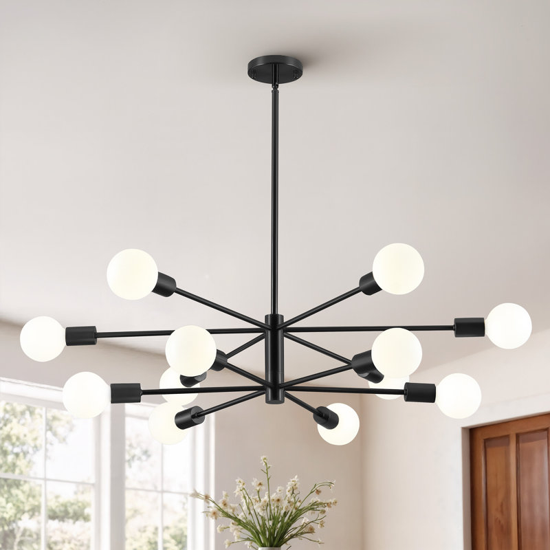 12-Light Modern Sputnik Chandelier for Dining Room with 4 Heights, Black