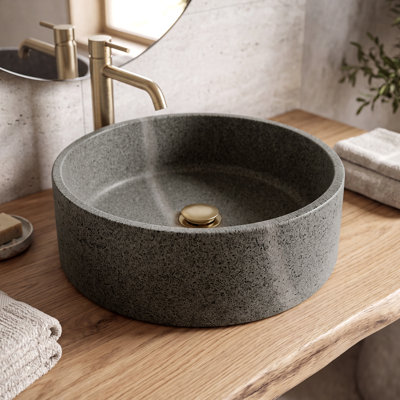 Chloe 16" Round Bathroom Sink,Solid Surface Polished Vessel Sink Natural Stone Above Counter Bathroom Basin