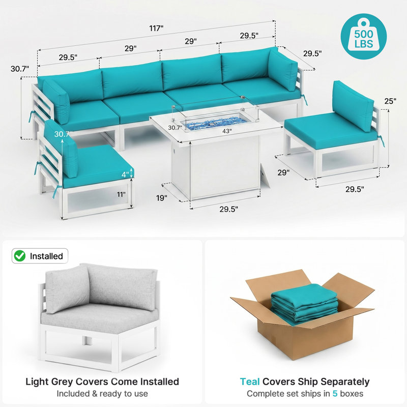 Tuyen 7-Piece 6-Person Outdoor Patio All-Aluminum Sectional Conversation Set with 60,000 BTU Fire Pit Table and 4" High-Resilience Foam Cushions
