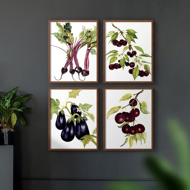 «Watercolor Beets», reproduction encadrée - ensemble de 4, Noyer, H 32 po x l 10 po