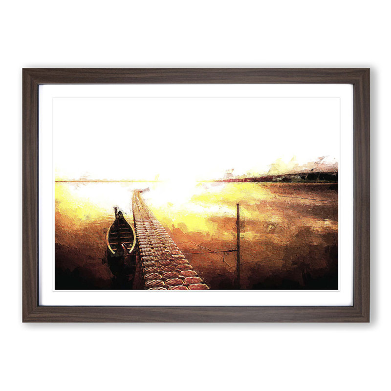 Docked Boat During an Orange Sunset - Picture Frame Painting Print, Walnut Framed, 36cm H x 48cm W x 2cm D