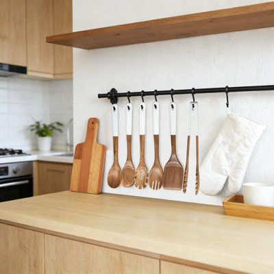 Ensemble d'ustensiles de cuisine en bois d'acacia, outils de cuisine en bois naturel 6 pièces avec trous de suspension, pinces à cuillère anti-égratignures pour batterie de cuisine antiadhésive, poignées ergonomiques lisses