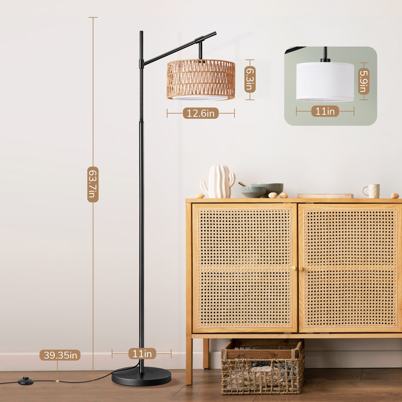 Lampe sur pied en rotin arqué 63,7 po avec ampoule et télécommande incluses, Noir mat