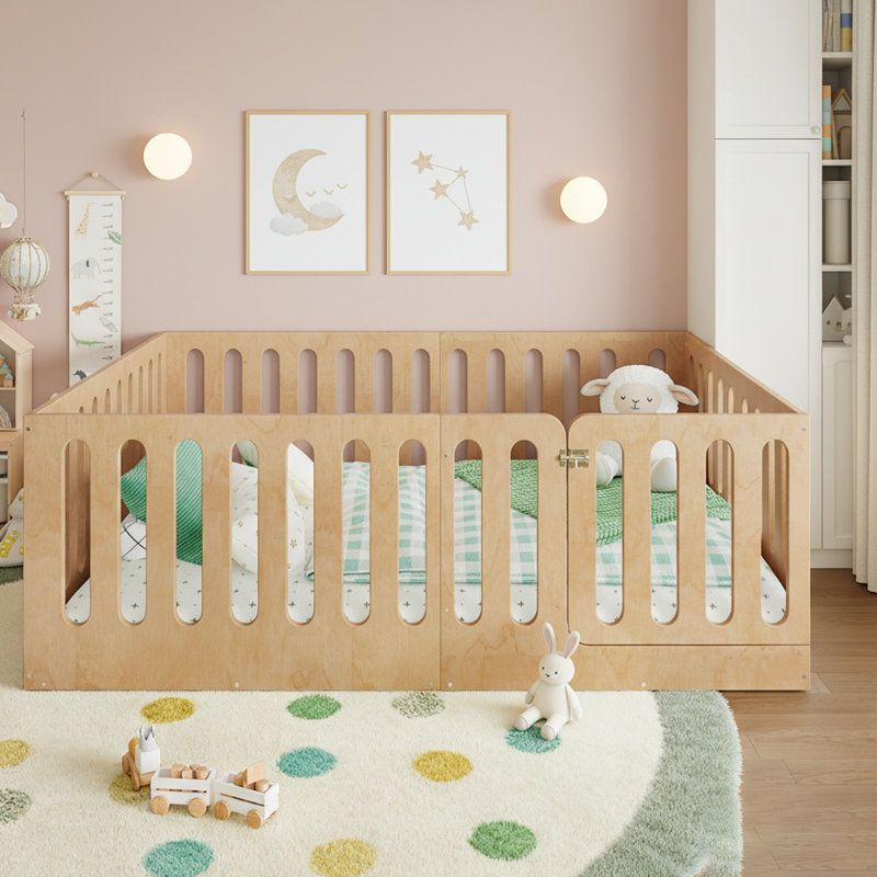 Floor Bed With High Fence For Kids, Solid Wood Montessori Design, No Box Spring Needed, Natural, Full