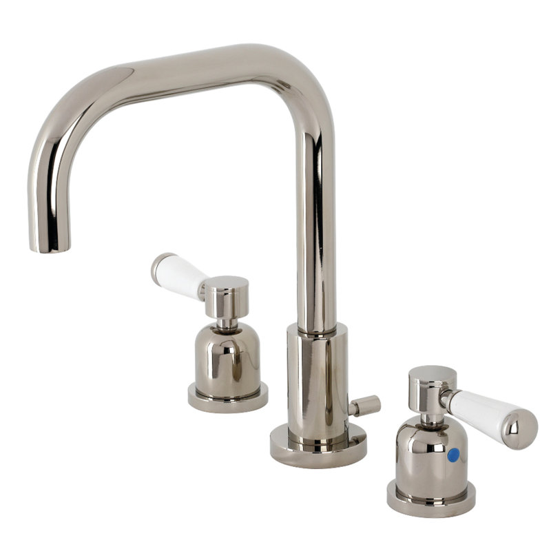 Kingston Brass Two-Handle 3-Hole Deck Mount Widespread Bathroom Faucet with Brass Pop-Up Drain, Round Lever Handle