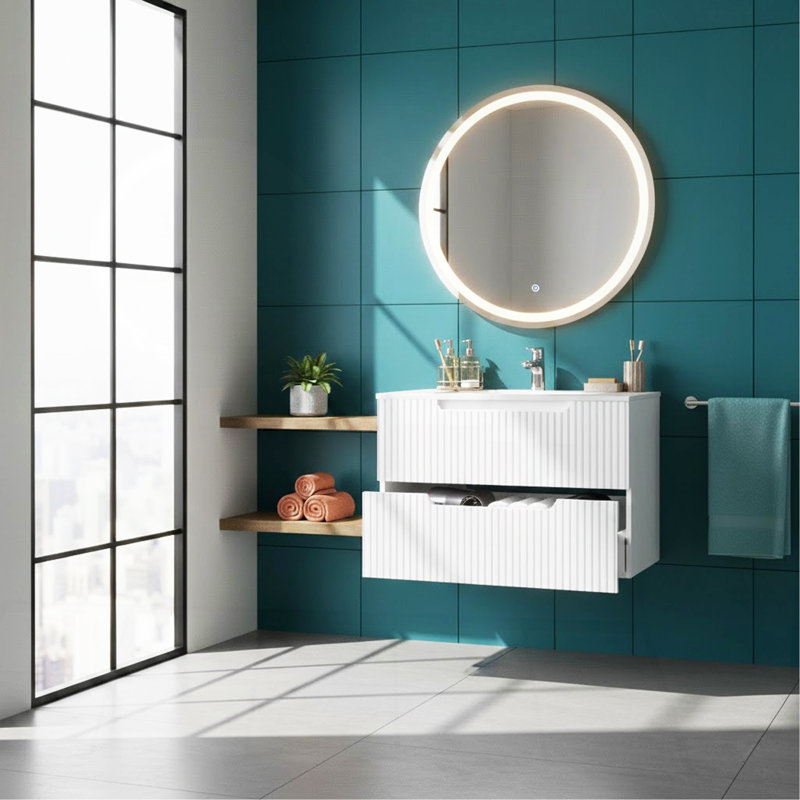 Ensemble de meuble-lavabo mural 30 po avec lavabo flottant, système de fermeture en douceur, 2 très grands tiroirs, blanc
