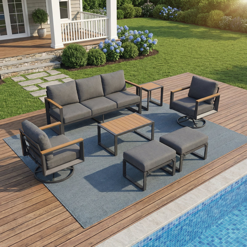 Aluminum Outdoor Patio Furniture Set 7 Pieces, 2 Swivel Rocking Chairs, 3-Seater Bench, 2 Ottomans, Coffee Table & Side Table, Patio Sectional Conversation Furniture Set With Thick Cushions