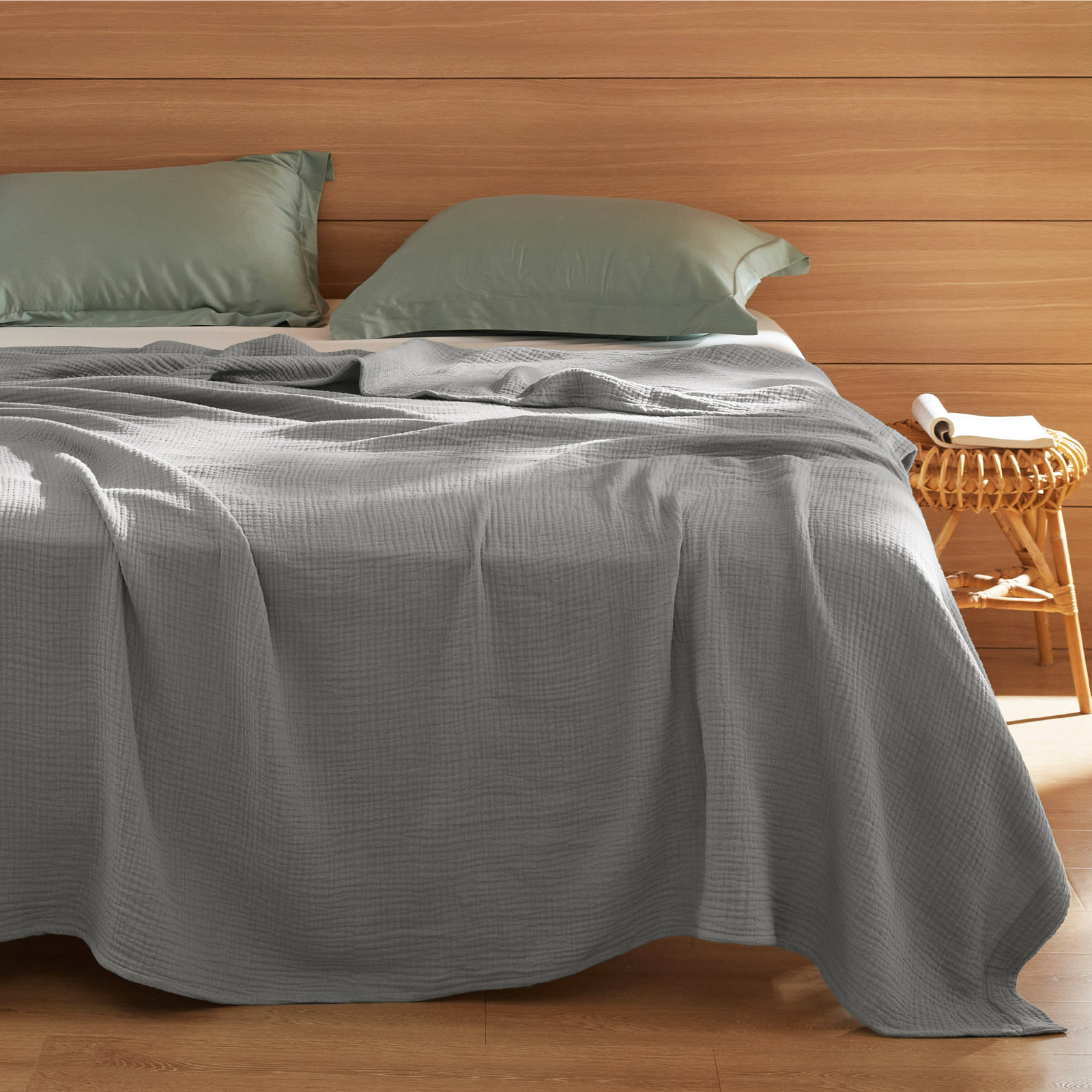 Bedsure 200gsm 100% Cotton Lightweight Muslin Blanket GentleSoft™️for Spring & Summer, Gray, Queen