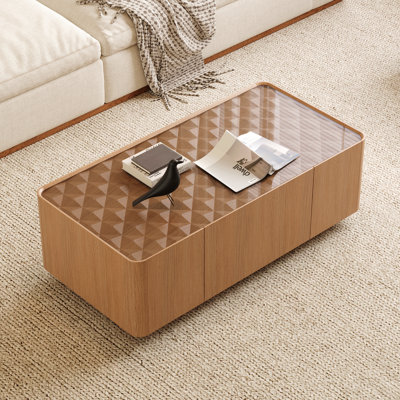Table basse de 46,8 po de style Mid-Century moderne avec plateau en verre, table centrale rectangulaire avec tiroirs de rangement cachés pour le salon, table basse de rangement contemporaine avec base stable pour maison d'appartement (noyer clair)