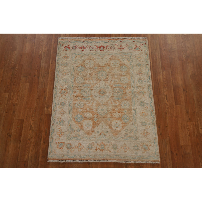 Tapis orange en laine noué à la main de conception unique 2 pi 11 po x 3 pi 10 po New Age