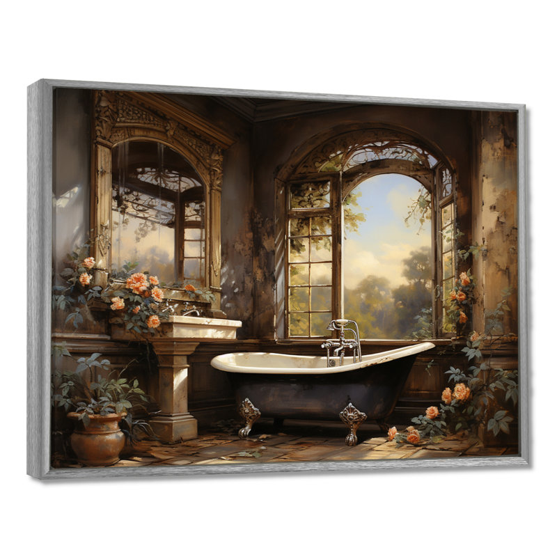 «Bathroom Vintage Elegance I» - Art mural de salle de bain, H 30 po x l 40 po x P 1,5 po, Encadrement argenté