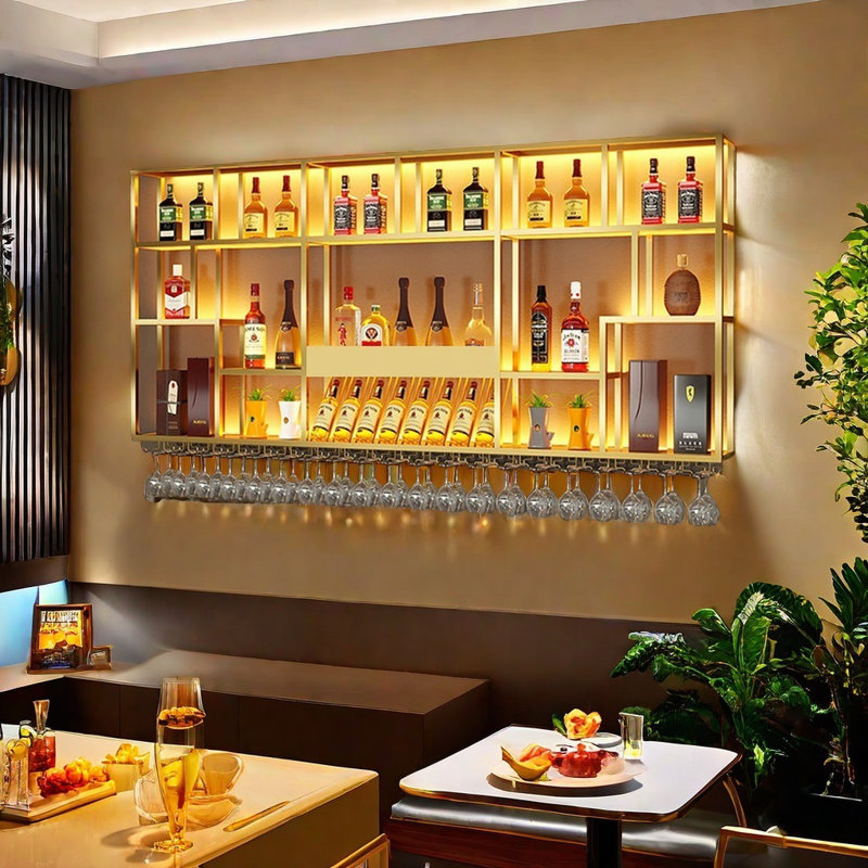 Wall Mounted Wine Rack Metal Frame Artificial Wood, Gold