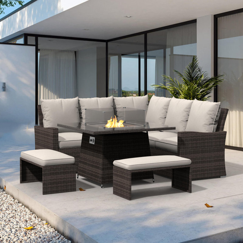 Ensemble de conversation en osier / rotin pour 7 personnes avec coussins Rochford, Beige, Brun