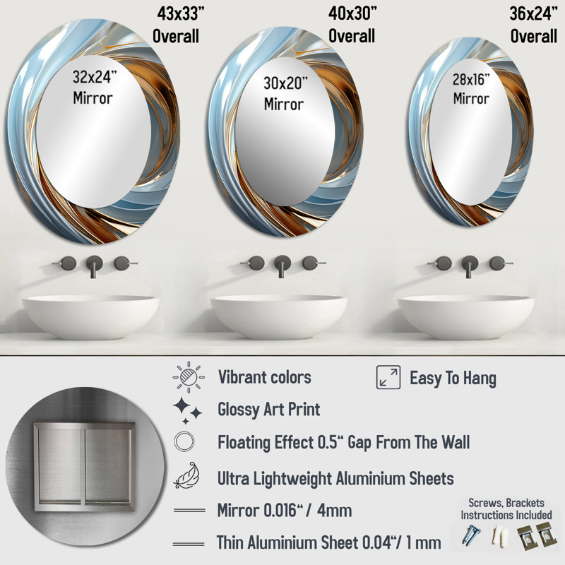 Blanc et or spirale Vortext - miroir mural ovale blanc, 36 po x 24 po