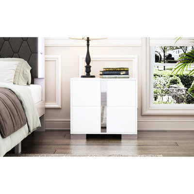 Elegant White Nightstand With 2 Drawers And Metal Foot - Suitable For Bedroom Living Room Arrangement, Bedside Table, 23.3" X 15.4" 21.3" Dimensions Mirrored , Classic Design, Comfortable Atmosphere,