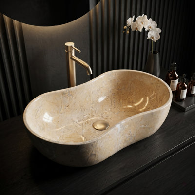Vasque de salle de bain en marbre naturel beige doré, surface polie, forme ondulée, pierre naturelle, marbre véritable, 600 x 360 x 180 mm