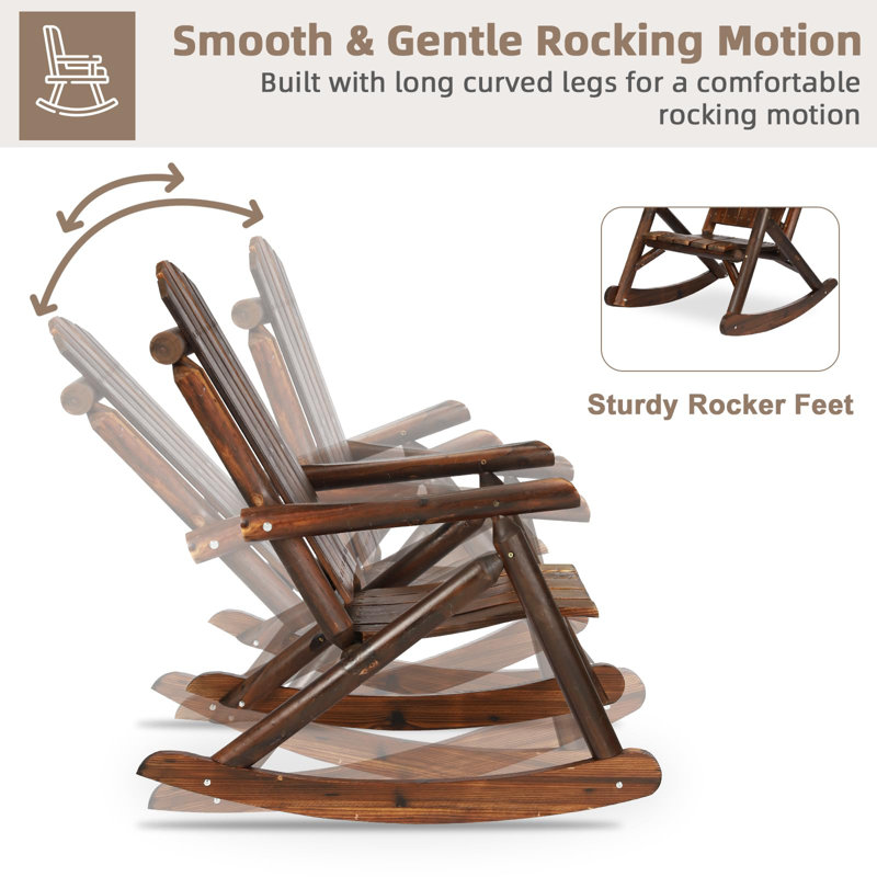 Gracie Oaks Outdoor Wooden Rocking Chair, Patio Log Rustic Adirondack Porch Rocker, All Weather Solid Wood Rocker Chair With High Back & Slatted Seat For Indoor, Deck, Backyard, Garden, Natural