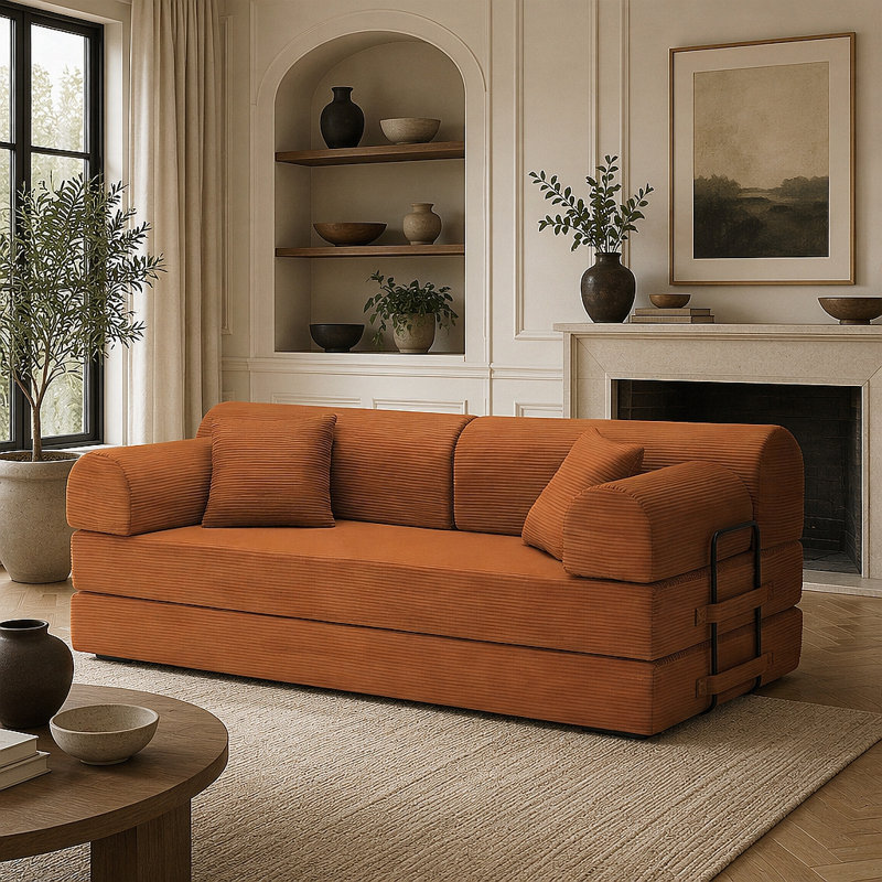 Canapé-lit convertible 4-en-1 avec tissu bouclé, Boucle orange