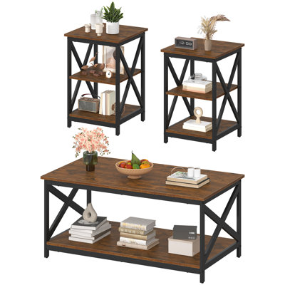 Ensemble de 3 tables basses de 17 pièces pour le salon, 3 tables basses de style triangulaire industriel et 2 tables de bout, ensemble de 3 pièces de salon avec grand rangement pour appartement (bois brun)