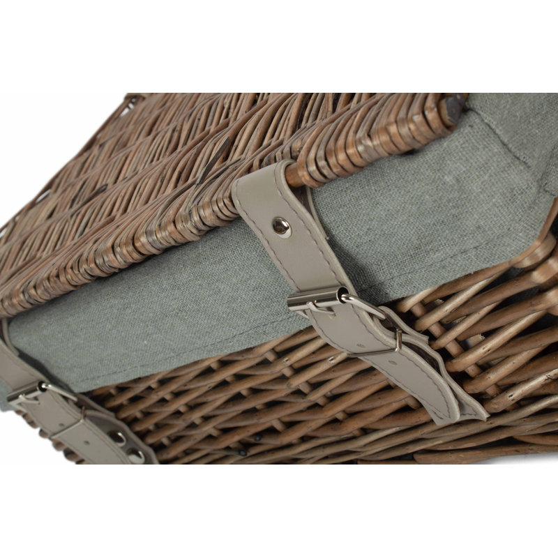 14" Wicker Picnic Hamper Basket with Lining, Antique Wash/Grey