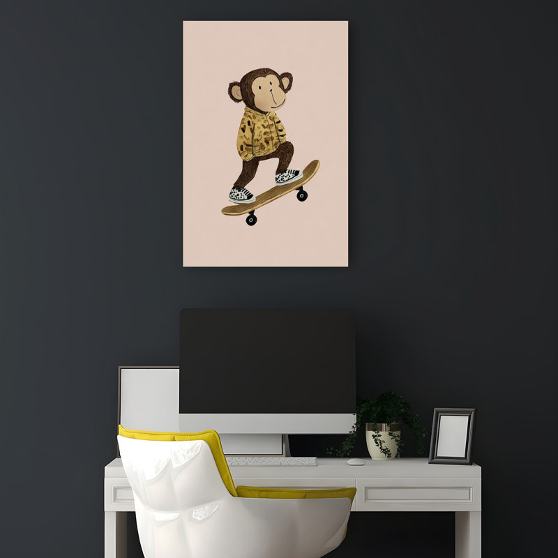 Skateboarding Monkey Fun Playful Contemporary Monkey Urban Wall Art Print 1 Piece Wrapped Canvas Wall Art