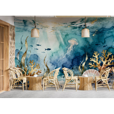 Adhésif décoratif restaurant méduse - médaillon sous-marin corail sous-marin, décor de chambre d'enfant, art pour enfant ou chambre de bébé (non tissé) 998DRS