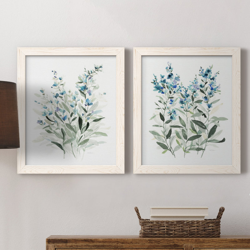 «Delicate Blue Botanical I», ensemble de 2 peintures sur toile encadrées, H 37,5 po x l 55 po x P 1,5 po, Blanc