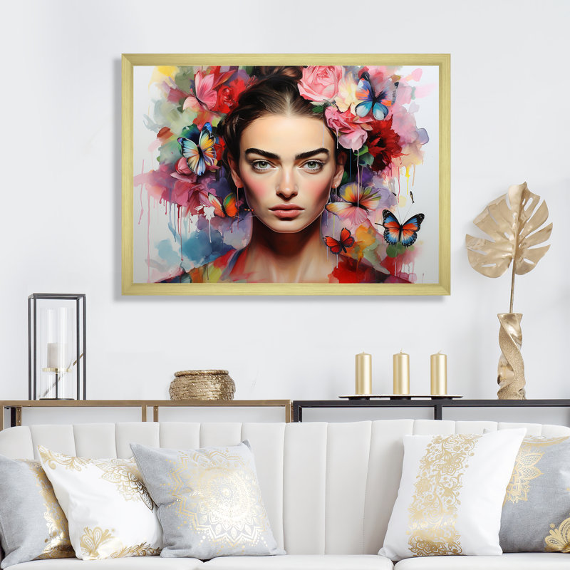 Frida Kahlo, couronne de fleurs, art mural, Cadre doré à coins fermés, H 24 po x l 32 po x P 1 po