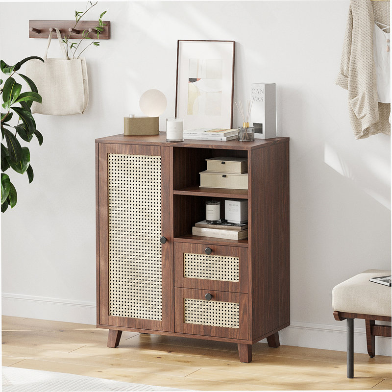Rattan Buffet Cabinet With Adjustable Shelf, Sideboard With Drawers For Living Room, Kitchen, Entryway, Walnut