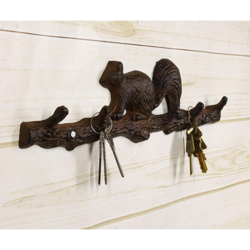 Rustic Cast Iron Playful Squirrel Perching On Tree Branch 4-Peg Wall Hooks Décor