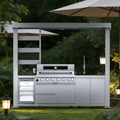 Barbecue de cuisine 108 pouces à 6 brûleurs de 85 pouces BTU de luxe en acier inoxydable avec îlot de cuisine et réfrigérateur à vin compact + rôtissoire + comptoirs en granite + armoires et tiroirs de rangement