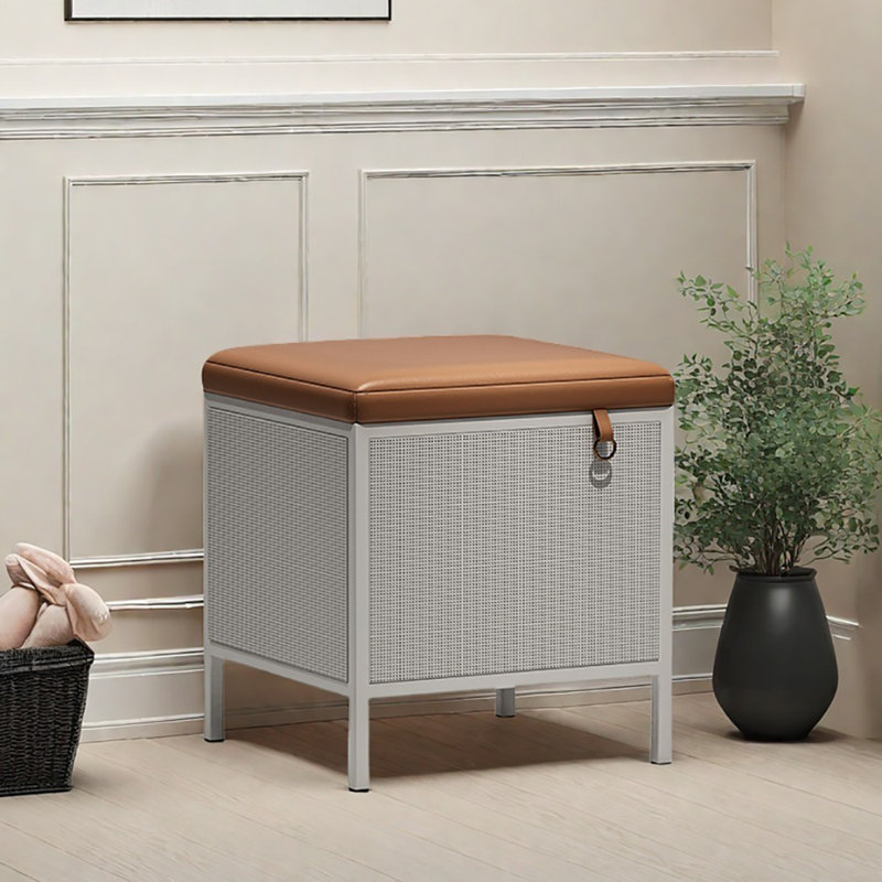 15.4in Shoe Changing Stool Flip Down Shoe Storage, Brown/White