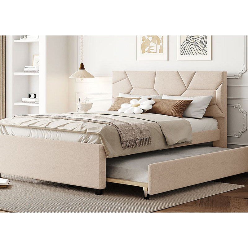 Lit plateforme tapissier avec tête de lit et lit gigogne à motif brique, Beige
