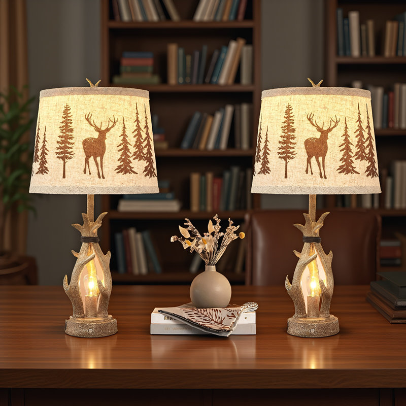 Lampe de table en bois 26 po avec ports de charge et veilleuse à intensité variable 3 voies