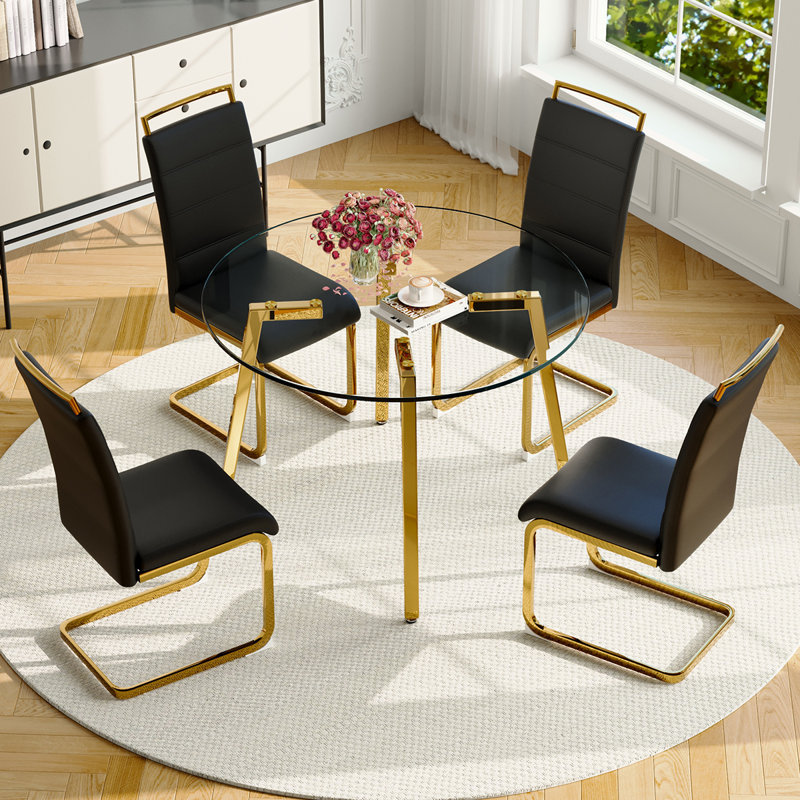 5-Piece Round Glass Dining Table Sets, 29.5"H x 42"L x 42"W, Black