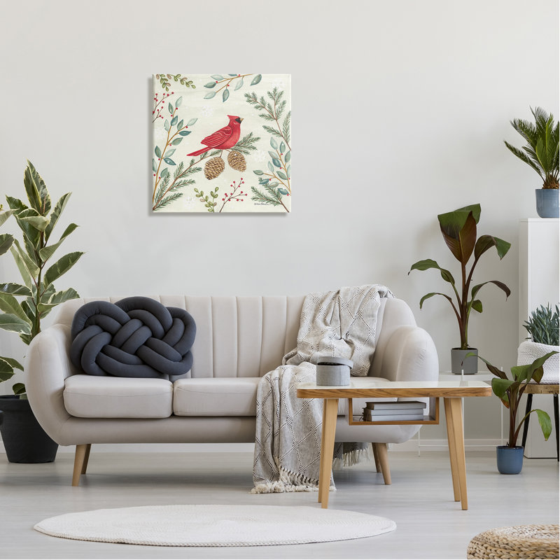 Cardinal et pommes de pin en hiver sur toile par Deb Strain, H 24 po x l 24 po x P 1,5 po