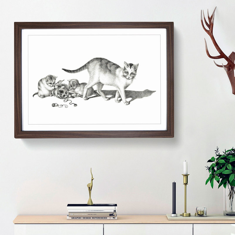 Cat with Playful Kittens by Gottfried Mind - Framed Print, 27cm H x 36cm W x 2cm D, Walnut Framed