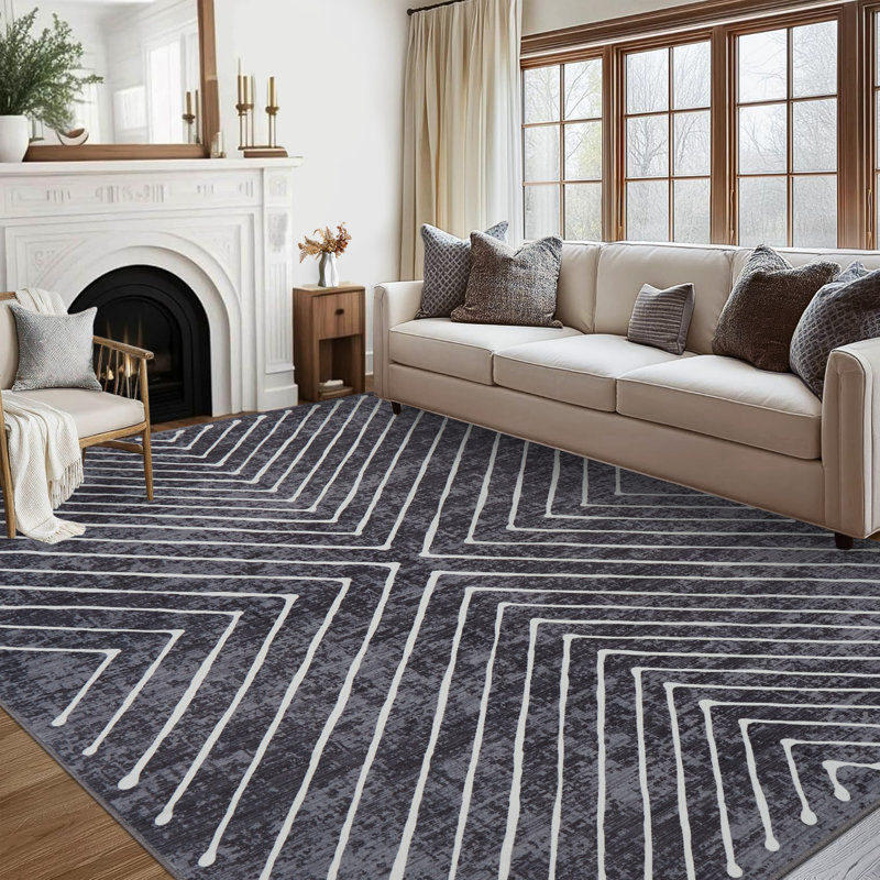 Geometric Machine Washable Rug Abstract Non Slip Living Room Rug Low Pile Thin Rug, Contemporary Neutral Rug, Non Shedding Soft Rug for Bedroom