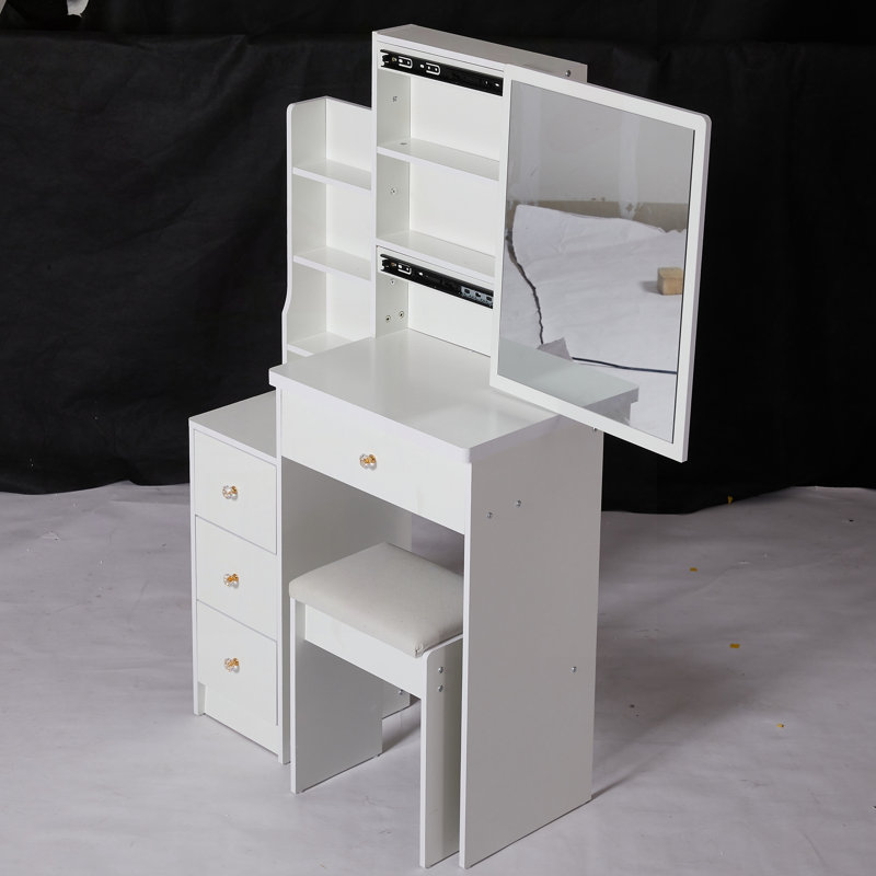 Ensemble de coiffeuse de chevet compact avec très grand miroir coulissant et rangement, Blanc