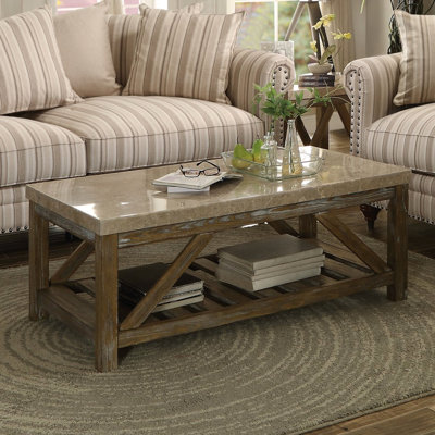 Table industrielle en marbre avec plateau en bois patiné et tablette inférieure