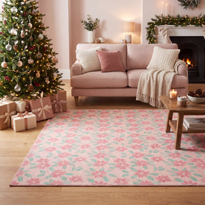 Tapis de Noël Bilecik à motif floral crème et rose, antidérapant, à poils courts, pour l'intérieur et l'extérieur, idéal pour les animaux de compagnie, salon, chambre, salle à manger, entrée, couloir, bureau, tapis de Noël, paillasson de fête, tapis saisonnier lavable