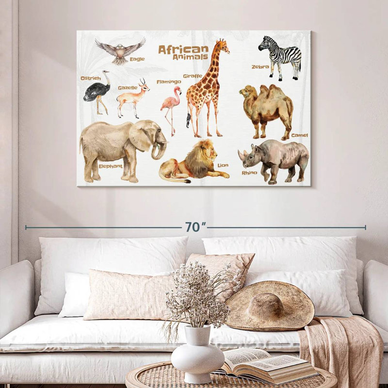 Tableau des animaux d'Afrique Brampt, H 32 po x l 48 po
