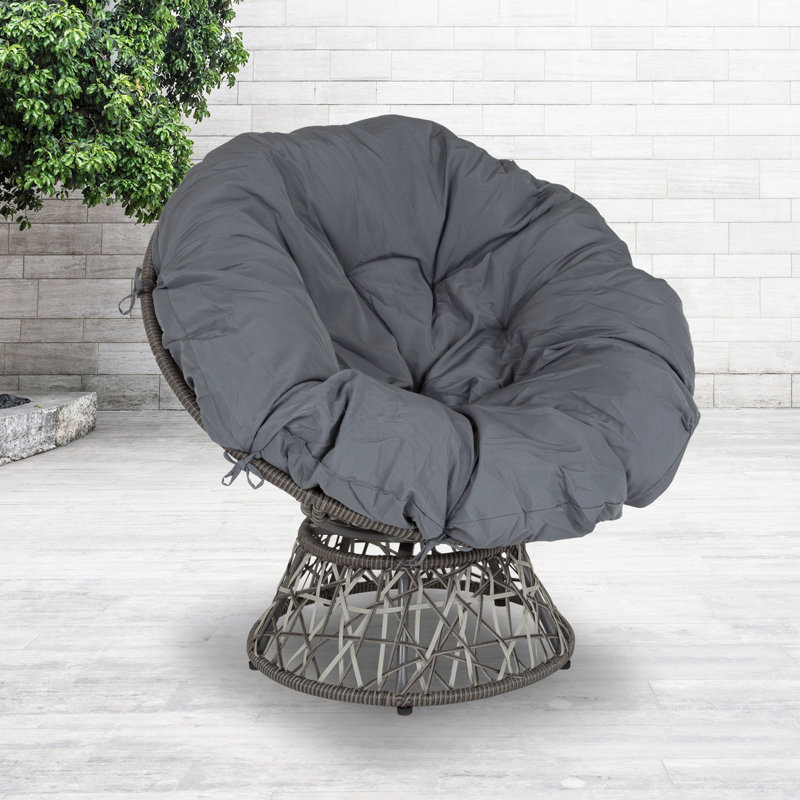 Tarquin Swivel Patio Papasan Chair with Cushion, Gray, Gray