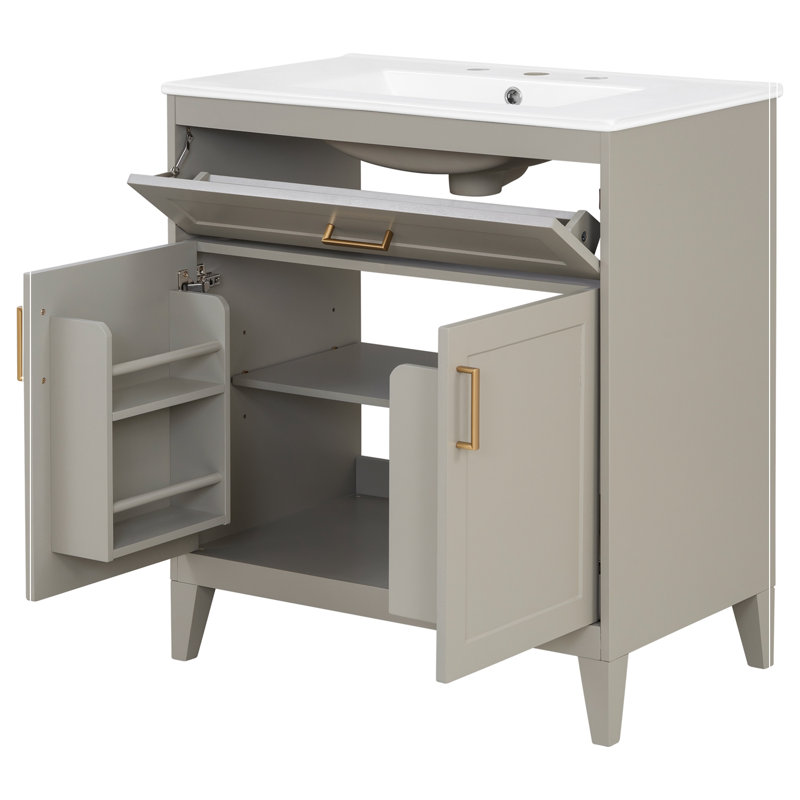 Meuble-lavabo de salle de bain avec comptoir de lavabo, portes doubles à fermeture en douceur et tiroir basculant, Beige
