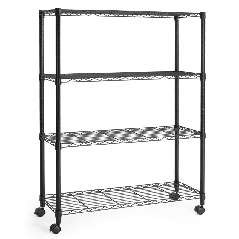 4-Tier Adjustable Wire Shelving Unit with Wheels, Black Metal Storage Rack for Garage, Pantry, Basement & Utility Storage