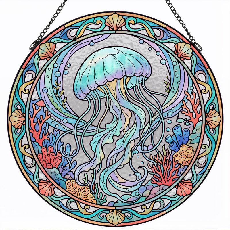 Panneau de vitrail en verre coloré corail méduse H H 12 po, 12"H