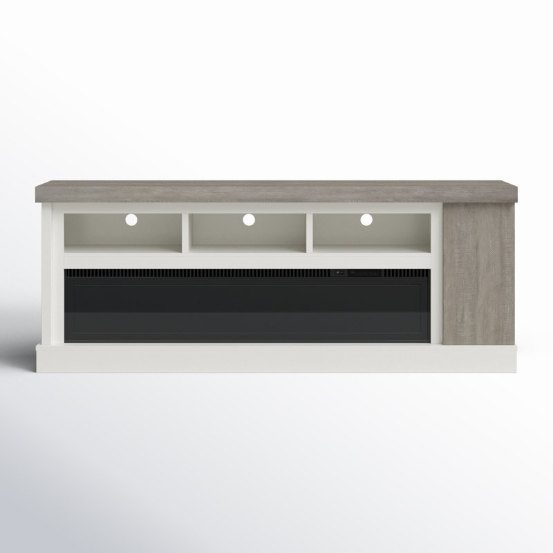 Bowrah 75" TV Stand with Glass Electric Fireplace, White/Light Gray
