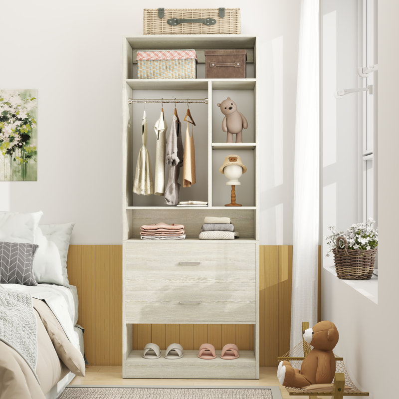 Freestanding Small 24" Closet System With 2 Wood Drawers, White Oak